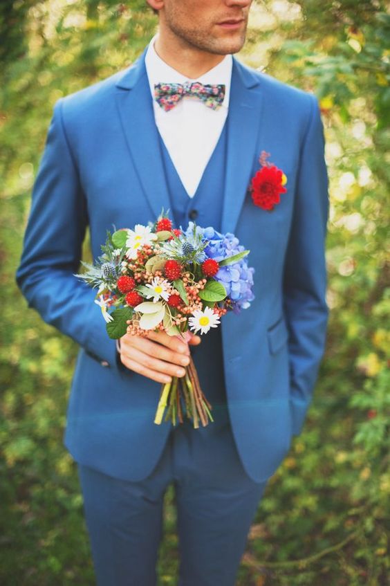 Blue Suit and Red Flowers